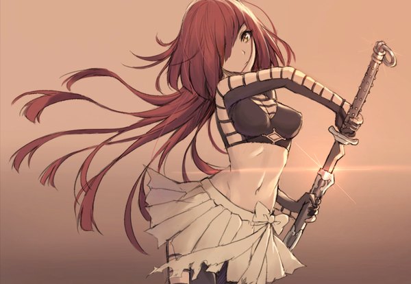 Anime picture 1140x788 with original tonee single long hair looking at viewer fringe light erotic simple background holding yellow eyes red hair head tilt pleated skirt hair over one eye bare belly midriff gradient background floating hair torn clothes lens flare