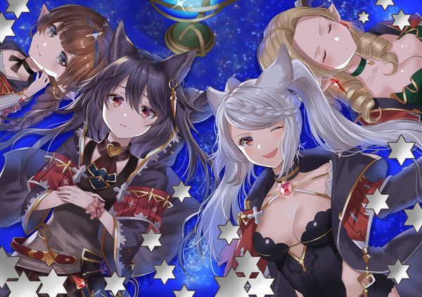 Anime picture 5016x3541 with granblue fantasy nier (granblue fantasy) fraux haaselia maria theresa (granblue fantasy) myusha long hair looking at viewer blush fringe highres breasts open mouth light erotic black hair blonde hair smile hair between eyes red eyes brown hair