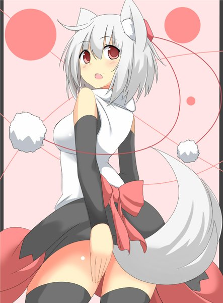 Anime picture 1256x1700 with touhou inubashiri momiji mii (makosuke) single tall image blush short hair open mouth bare shoulders animal ears white hair animal tail looking back zettai ryouiki skirt lift wolf ears wolf tail wolf girl covering crotch girl