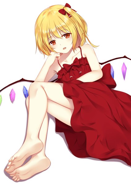 Anime-Bild 1200x1697 mit touhou flandre scarlet flan (seeyouflan) single tall image looking at viewer short hair open mouth simple background blonde hair red eyes white background bare shoulders lying barefoot alternate costume one side up on side soles chin rest