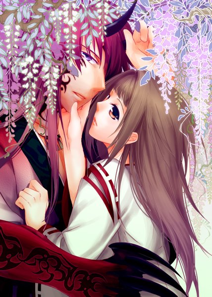 Anime picture 1000x1403 with hiiro no kakera kasuga tamaki onizaki takuma tagme (artist) tall image looking at viewer fringe brown hair purple eyes brown eyes traditional clothes horn (horns) lips hug oni horns girl boy flower (flowers) plant (plants) tree (trees)