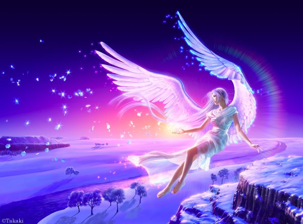 Anime picture 1200x888 with takashi mare single signed silver hair very long hair barefoot sparkle no shoes sleeveless evening snowing sunset winter snow flying angel wings river rock girl dress