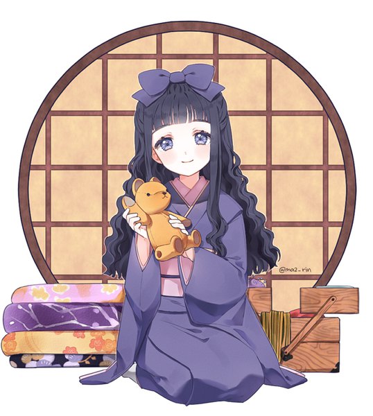 Anime picture 750x836 with card captor sakura clamp daidouji tomoyo marin (myuy 3) single long hair tall image looking at viewer blush fringe black hair smile purple eyes blunt bangs traditional clothes japanese clothes wavy hair half updo seiza girl