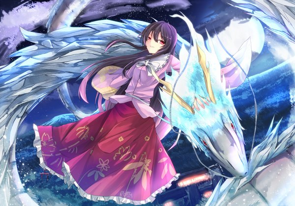Anime picture 1428x1000 with touhou houraisan kaguya eisuto single long hair smile red eyes purple hair cloud (clouds) night girl dress moon dragon