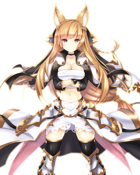 Anime picture 2362x2953 with granblue fantasy yuisis (granblue fantasy) calzooone single long hair tall image looking at viewer fringe highres breasts light erotic simple background smile brown hair large breasts white background brown eyes animal ears payot cleavage