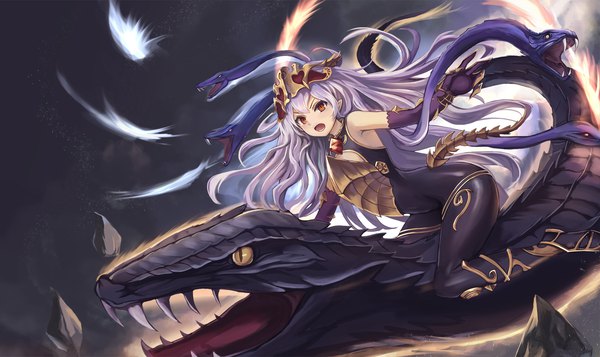 Anime picture 1894x1129 with shingeki no bahamut granblue fantasy medusa (shingeki no bahamut) eruthika single long hair looking at viewer highres open mouth light erotic wide image looking away purple hair pointy ears :o orange eyes fang (fangs) floating hair dark background wavy hair