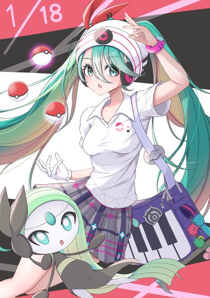 Anime picture 2480x3508 with pokemon vocaloid nintendo project voltage hatsune miku meloetta psychic miku (project voltage) mochitaro (mothitaroo) single tall image looking at viewer fringe highres hair between eyes twintails very long hair aqua eyes aqua hair :o dated