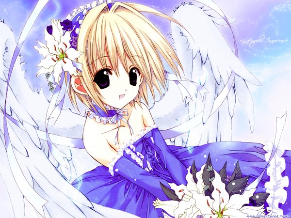 Anime picture 1600x1200 with kishou seireiki nanase aoi single short hair blonde hair signed hair flower angel wings angel girl dress hair ornament flower (flowers) wings