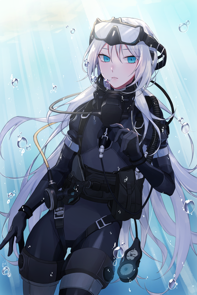 Anime picture 1008x1512 with girls frontline an-94 (girls frontline) qb 516 single long hair tall image looking at viewer blush fringe breasts blue eyes hair between eyes silver hair parted lips sunlight underwater diving girl bodysuit bubble (bubbles)