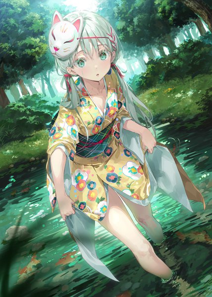 Anime picture 2000x2800 with original dsmile single long hair tall image looking at viewer blush fringe highres open mouth hair between eyes standing twintails green eyes silver hair outdoors traditional clothes japanese clothes wide sleeves leaning