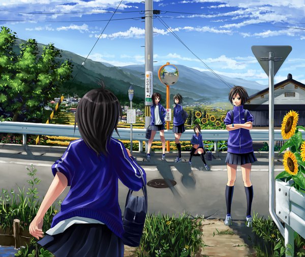 Anime picture 900x759 with original bokuden short hair black hair sitting multiple girls sky cloud (clouds) bent knee (knees) outdoors eyes closed pleated skirt black eyes shadow crossed arms horizon running girl skirt uniform