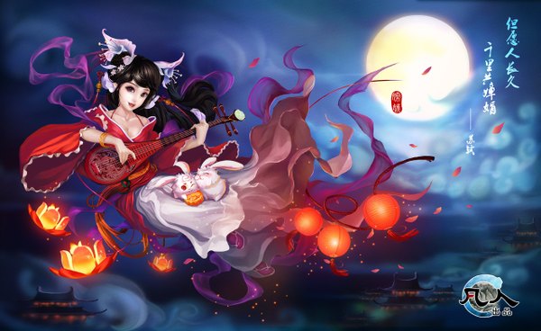 Anime picture 1280x786 with joinjump single long hair open mouth red eyes brown hair wide image brown eyes sky cloud (clouds) eyes closed traditional clothes one eye closed lips wink magic hieroglyph flying architecture east asian architecture