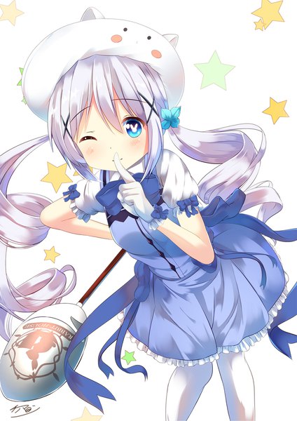 Anime picture 1414x2000 with re:zero kara hajimeru isekai seikatsu gochuumon wa usagi desu ka? white fox kafuu chino beatrice (re:zero) chinomaron single long hair tall image looking at viewer blush blue eyes simple background smile white background twintails holding signed silver hair one eye closed