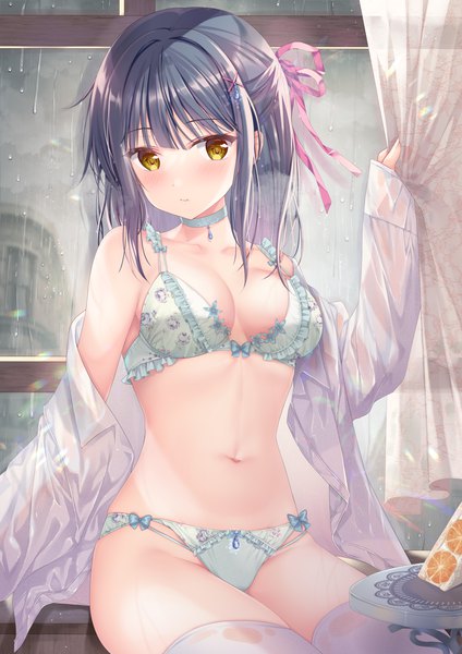 Anime picture 3307x4677 with original sousouman single long hair tall image looking at viewer blush fringe highres breasts light erotic large breasts sitting bare shoulders yellow eyes payot blue hair absurdres cleavage blunt bangs