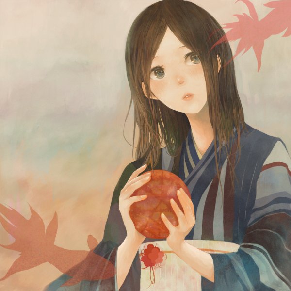 Anime picture 1200x1200 with original coba single long hair blush open mouth brown hair holding brown eyes looking away traditional clothes japanese clothes teeth striped girl kimono fish (fishes) ball goldfish
