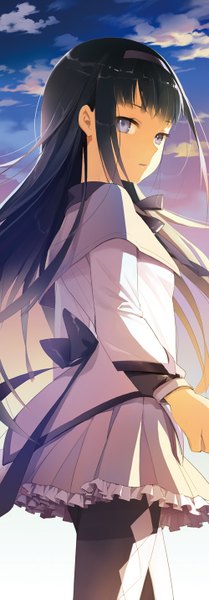 Anime picture 500x1429 with mahou shoujo madoka magica shaft (studio) akemi homura salt (salty) single long hair tall image looking at viewer black hair purple eyes sky cloud (clouds) girl dress pantyhose hairband