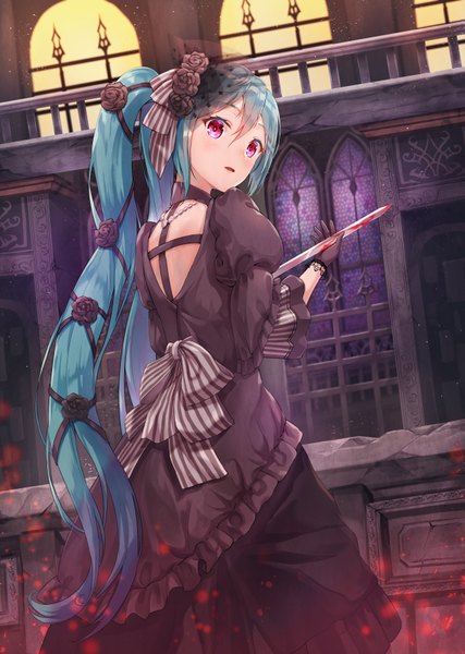 Anime picture 2528x3555 with vocaloid hatsune miku lunacle single tall image blush fringe highres open mouth hair between eyes red eyes standing twintails holding payot blue hair very long hair looking back hair flower from behind