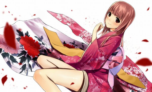 Anime picture 1280x773 with original ichiko oharu (artist) single long hair blush simple background brown hair wide image white background sitting brown eyes traditional clothes japanese clothes light smile floral print girl petals belt kimono short kimono