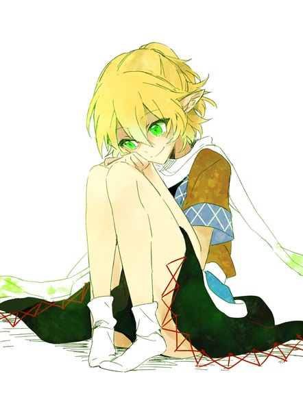 Anime picture 1400x1900 with touhou mizuhashi parsee six (fnrptal1010) single tall image short hair blonde hair simple background smile white background sitting green eyes pointy ears no shoes looking down half updo girl skirt socks scarf