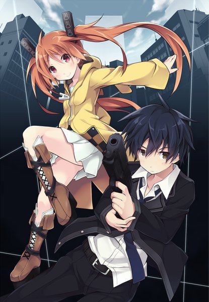 Anime picture 1234x1785 with black bullet kinema citrus aihara enju satomi rentarou furumiya haiji long hair tall image looking at viewer short hair black hair smile red eyes brown hair twintails brown eyes loli girl boy weapon boots