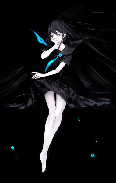 Anime picture 1820x2865 with original ozyako single long hair tall image blush fringe highres black hair simple background hair between eyes looking away full body pleated skirt barefoot black eyes bare legs floating hair black background hand on face