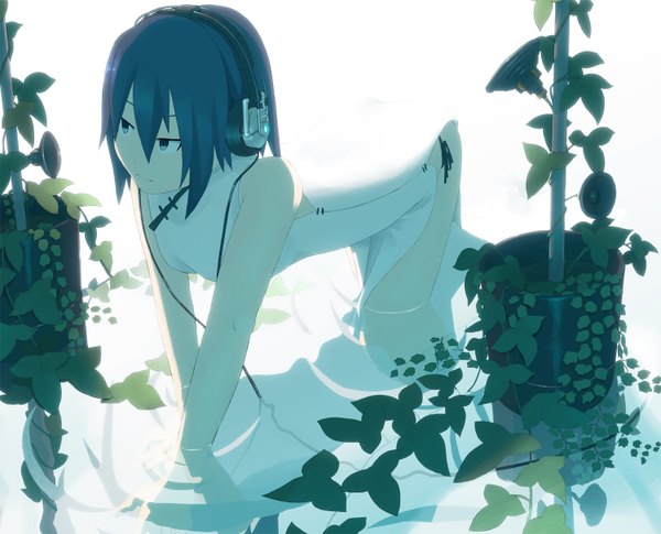 Anime picture 1500x1214 with original sakais3211 single short hair blue eyes bare shoulders blue hair kneeling reflection chinese clothes girl plant (plants) water headphones leaf (leaves) chinese dress