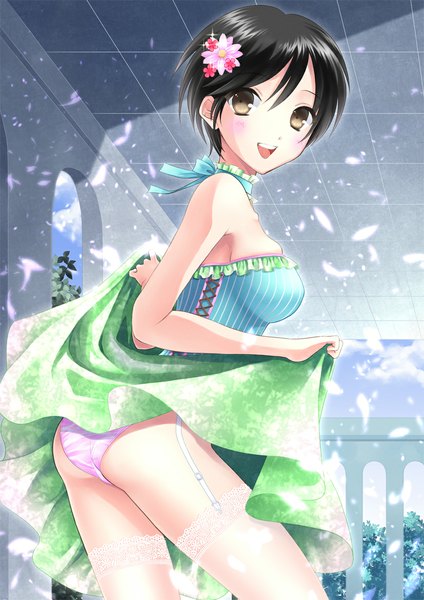 Anime picture 827x1169 with original takaaya kazuka single tall image blush short hair open mouth light erotic black hair brown eyes looking back girl dress hair ornament underwear panties