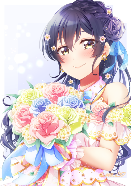 Anime picture 3541x5016 with love live! school idol project sunrise (studio) love live! sonoda umi nota ika single long hair tall image blush fringe highres black hair smile hair between eyes bare shoulders yellow eyes absurdres upper body hair flower girl