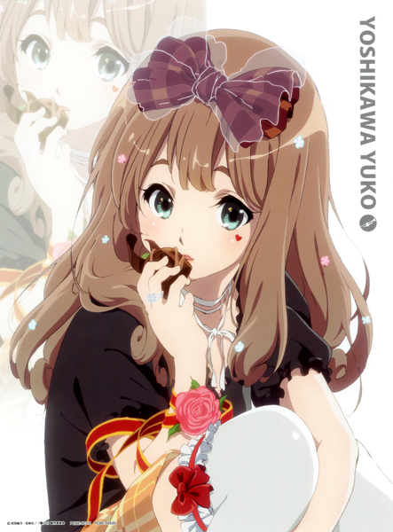 Anime picture 1632x2208 with hibike! euphonium kyoto animation yoshikawa yuuko ikeda shouko single long hair tall image looking at viewer blue eyes brown hair holding head tilt inscription zoom layer girl thighhighs flower (flowers) ribbon (ribbons) bow hair bow