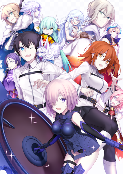 Anime picture 1000x1412 with fate (series) fate/grand order fate/stay night artoria pendragon (all) saber mash kyrielight gilgamesh (fate) fujimaru ritsuka (female) astolfo (fate) minamoto no raikou (fate) fou (fate) fujimaru ritsuka (male) kiyohime (fate) merlin (fate) gilgamesh (caster) (fate) bedivere (fate) artemis (fate/grand order) orion (fate/grand order) long hair tall image