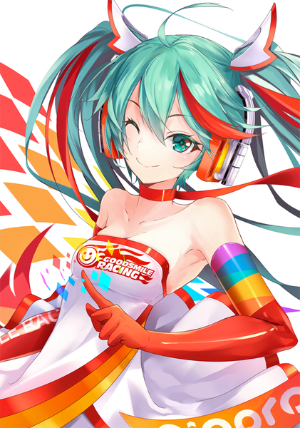 Anime picture 701x1000 with vocaloid goodsmile racing goodsmile company hatsune miku racing miku racing miku (2016) ajigo single long hair tall image looking at viewer blush fringe breasts simple background smile hair between eyes white background twintails bare shoulders