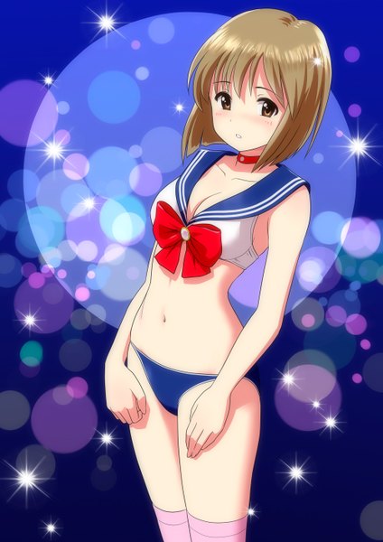 Anime picture 1000x1414 with idolmaster hagiwara yukiho ponnetsu single tall image looking at viewer blush short hair light erotic brown hair brown eyes girl thighhighs navel underwear panties sailor suit