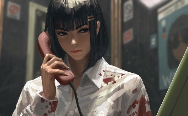 Anime picture 4096x2545 with original guweiz single fringe highres short hair black hair wide image holding looking away absurdres upper body long sleeves lips black eyes blurry depth of field bloody clothes girl hair ornament