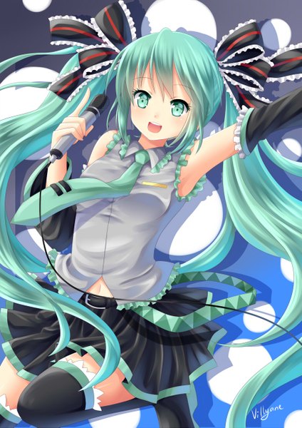 Anime picture 909x1285 with vocaloid hatsune miku villyane single tall image looking at viewer open mouth twintails very long hair aqua eyes aqua hair girl thighhighs skirt ribbon (ribbons) black thighhighs hair ribbon necktie microphone