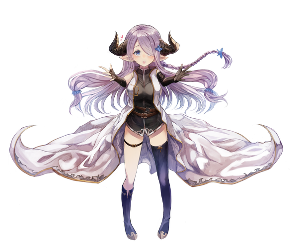 Anime picture 2298x1912 with granblue fantasy narmaya (granblue fantasy) yudough single long hair looking at viewer fringe highres open mouth blue eyes smile standing pink hair full body braid (braids) :d horn (horns) pointy ears hair over one eye symbol-shaped pupils