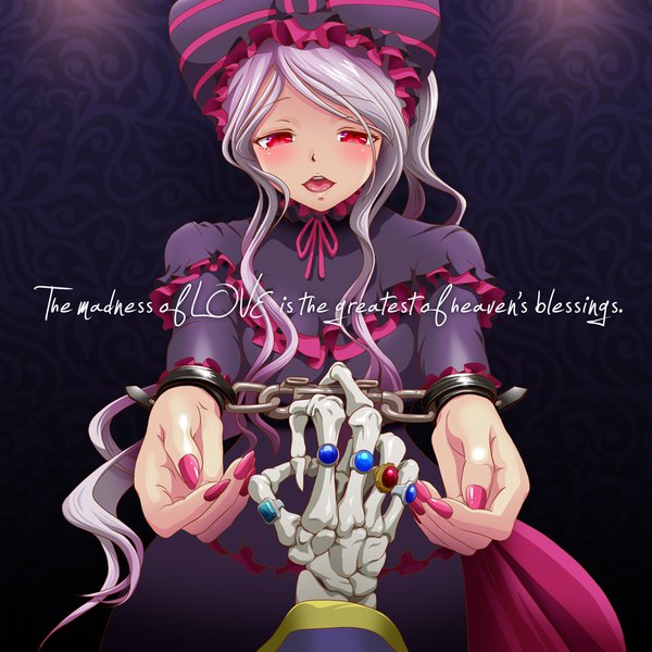 Anime picture 900x900 with overlord (maruyama) madhouse shalltear bloodfallen ainz ooal gown k-ta long hair looking at viewer blush fringe breasts open mouth red eyes payot long sleeves nail polish fingernails grey hair shiny skin text dark background