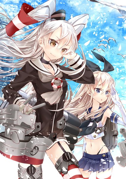 Anime picture 723x1023 with kantai collection shimakaze destroyer amatsukaze destroyer rensouhou-kun 218 long hair tall image blush blue eyes blonde hair multiple girls brown eyes white hair two side up girl skirt gloves navel bow weapon