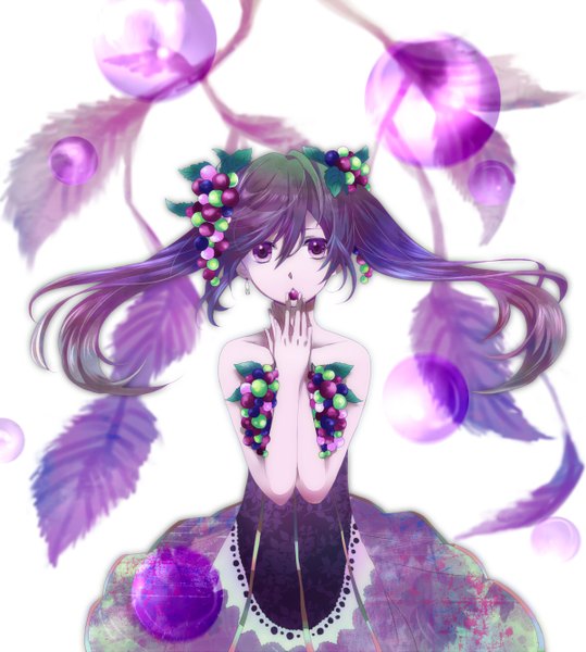 Anime picture 1200x1335 with vocaloid hatsune miku mariwai (marireroy) single long hair tall image purple eyes twintails purple hair girl dress earrings food berry (berries)