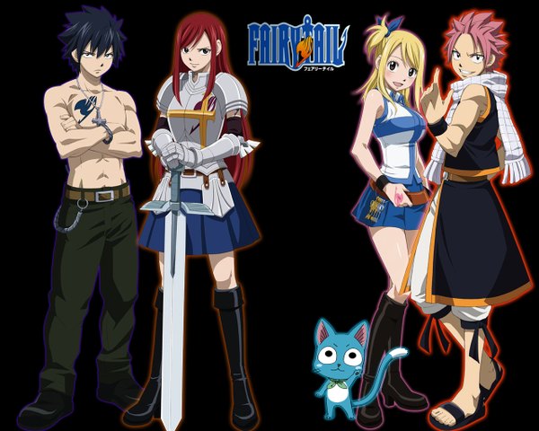 Anime picture 1280x1024 with fairy tail lucy heartfilia erza scarlet natsu dragneel gray fullbuster happy (fairy tail) long hair short hair black hair simple background blonde hair multiple girls brown eyes pink hair red hair black eyes inscription tattoo sleeveless one side up