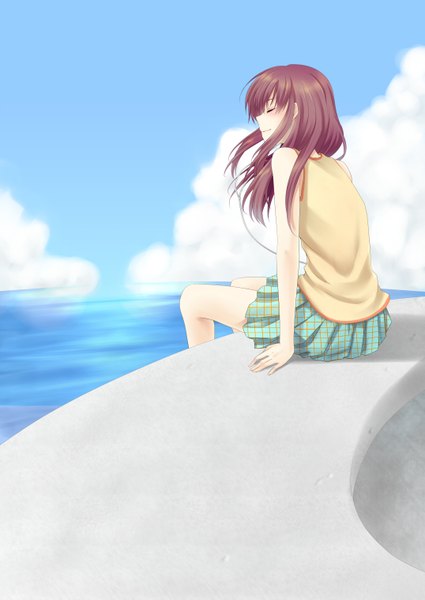 Anime picture 2149x3035 with original asausagi single long hair tall image blush highres brown hair sitting bare shoulders sky cloud (clouds) eyes closed profile girl skirt sea