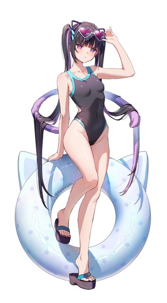 Anime picture 1000x1805 with original rosuuri single tall image looking at viewer blush fringe light erotic black hair simple background standing white background purple eyes twintails holding signed animal ears full body tail blunt bangs