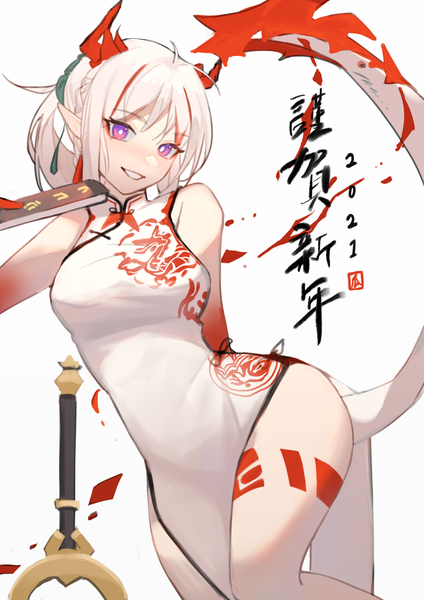 Anime picture 2480x3508 with arknights nian (arknights) nian (unfettered freedom) (arknights) ellase single long hair tall image highres light erotic smile white background purple eyes white hair tail traditional clothes multicolored hair horn (horns) pointy ears streaked hair sleeveless