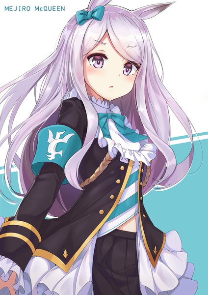 Anime picture 2894x4093 with umamusume mejiro mcqueen (umamusume) j young single long hair tall image looking at viewer blush fringe highres white background purple eyes animal ears purple hair long sleeves parted lips pleated skirt :o character names sleeves past wrists