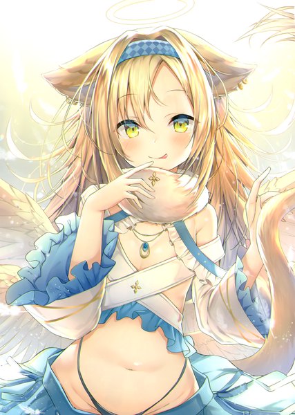 Anime picture 2099x2952 with original topia single long hair tall image looking at viewer blush fringe highres light erotic blonde hair smile hair between eyes standing green eyes animal ears payot tail animal tail scan