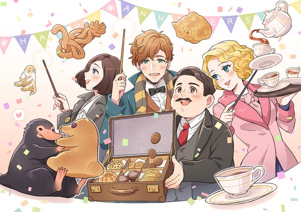 Anime picture 1132x800 with fantastic beasts and where to find them newt scamander niffler jacob kowalski porpentina goldstein queenie goldstein nightcat blush short hair open mouth blue eyes blonde hair brown hair multiple girls brown eyes green eyes head tilt profile multiple boys grey eyes