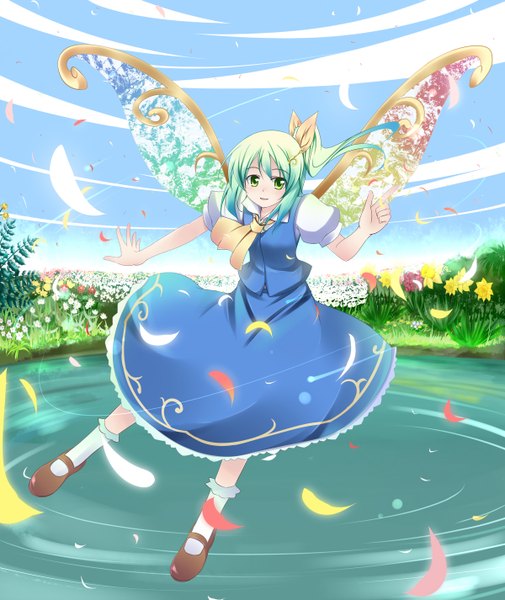 Anime picture 1200x1425 with touhou daiyousei makino (ukiuo) single tall image green eyes green hair one side up weightlessness girl dress petals wings water