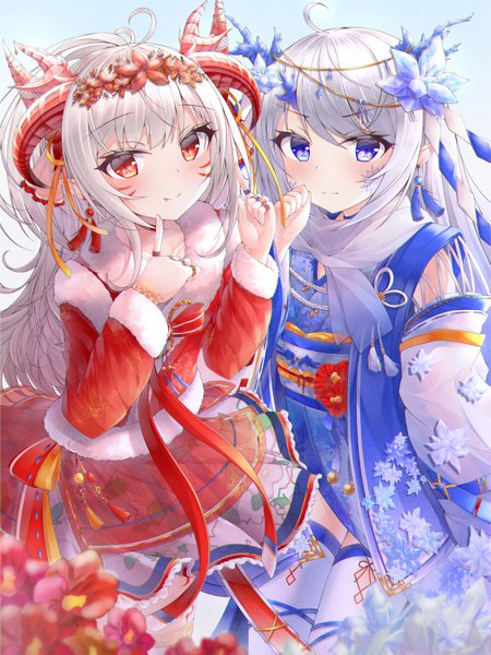 Anime picture 4500x6000 with original ichizon long hair tall image looking at viewer blush fringe highres blue eyes smile red eyes standing multiple girls absurdres silver hair ahoge blunt bangs traditional clothes japanese clothes horn (horns)