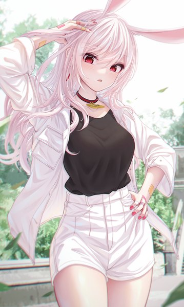 Anime picture 900x1506 with tsumi no hahen (debris) lirin (bae.c) bae.c single long hair tall image looking at viewer blush fringe hair between eyes red eyes standing animal ears outdoors white hair nail polish arm up bunny ears hand on hip pink nail polish