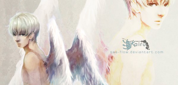 Аниме картинка 2500x1200 с sea-flow один (одна) высокое разрешение короткие волосы светлые волосы широкое изображение голые плечи подписанный глаза цвета морской волны надпись топлес ангельские крылья увеличенный слой ангел мужчина крылья