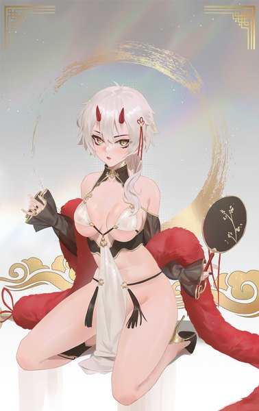 Anime picture 1158x1838 with azur lane kinu (azur lane) cirilla single long hair tall image looking at viewer blush fringe breasts open mouth light erotic simple background hair between eyes large breasts sitting holding yellow eyes silver hair full body